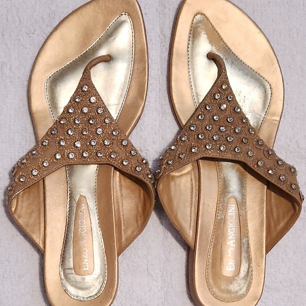 Enzo Angiolini Rhinestone Thong Sandals – Tan/Bronze